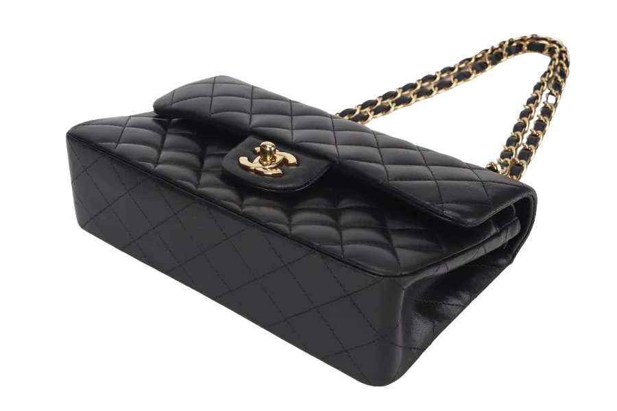 CHANEL CLASSIC FLAP SMALL BLACK LAMBSKIN & GOLD HARDWARE WITH CARD (1547xxxx) WITH DUST COVER AND BOX