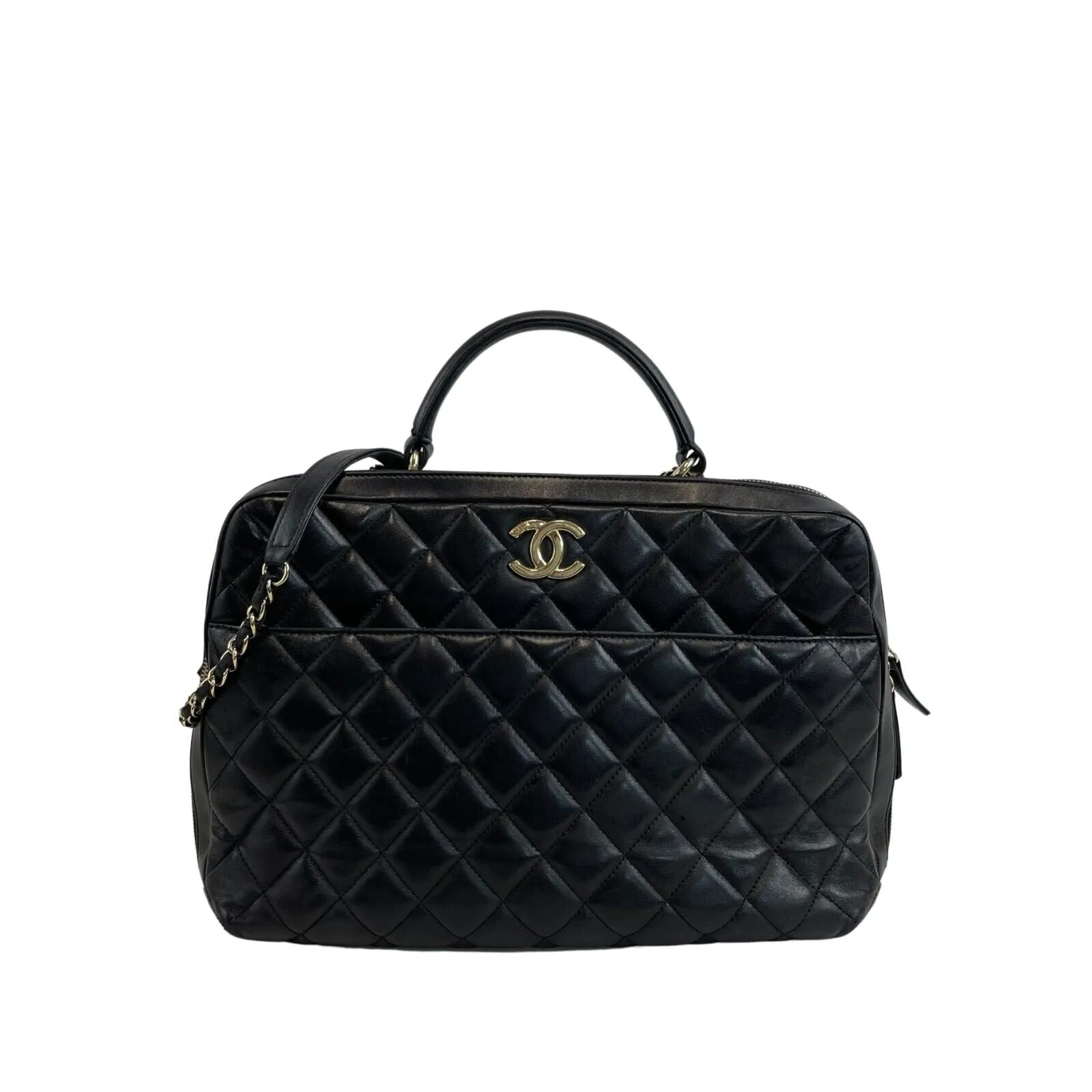 CHANEL - Quilted Trendy CC Black Lambskin Bowling Large Top Handle Bag w/ Strap