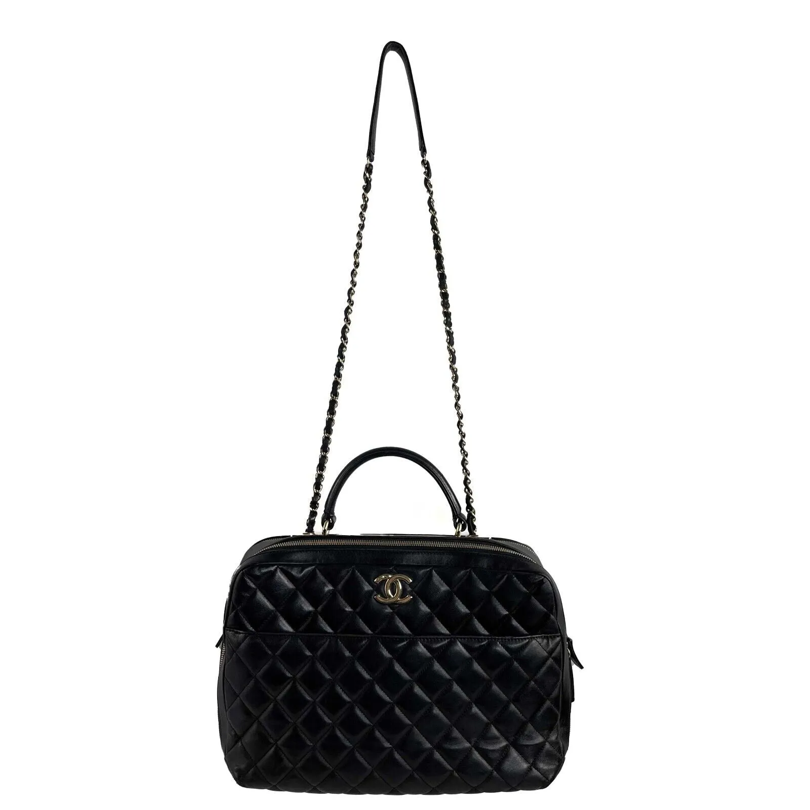 CHANEL - Quilted Trendy CC Black Lambskin Bowling Large Top Handle Bag w/ Strap