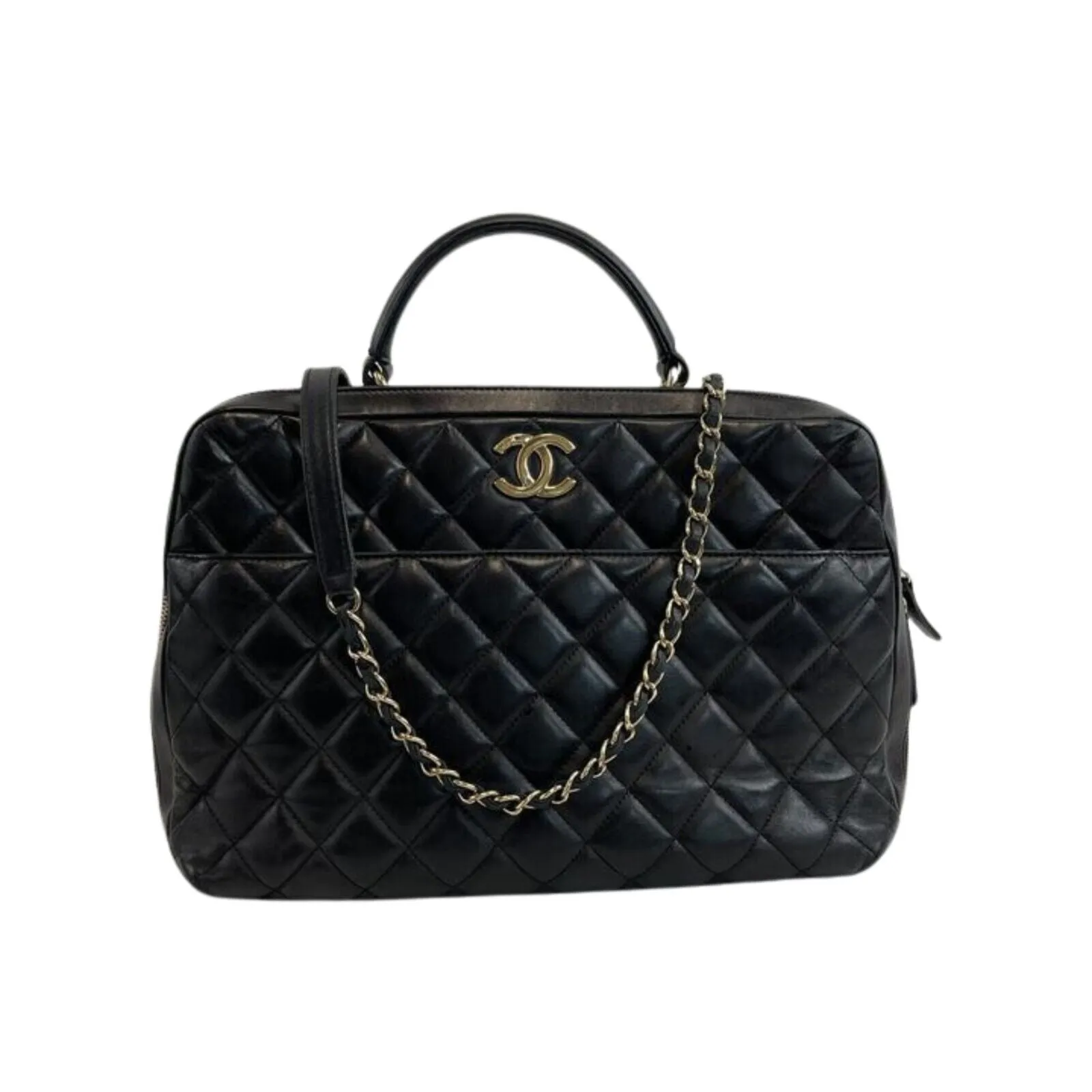 CHANEL - Quilted Trendy CC Black Lambskin Bowling Large Top Handle Bag w/ Strap