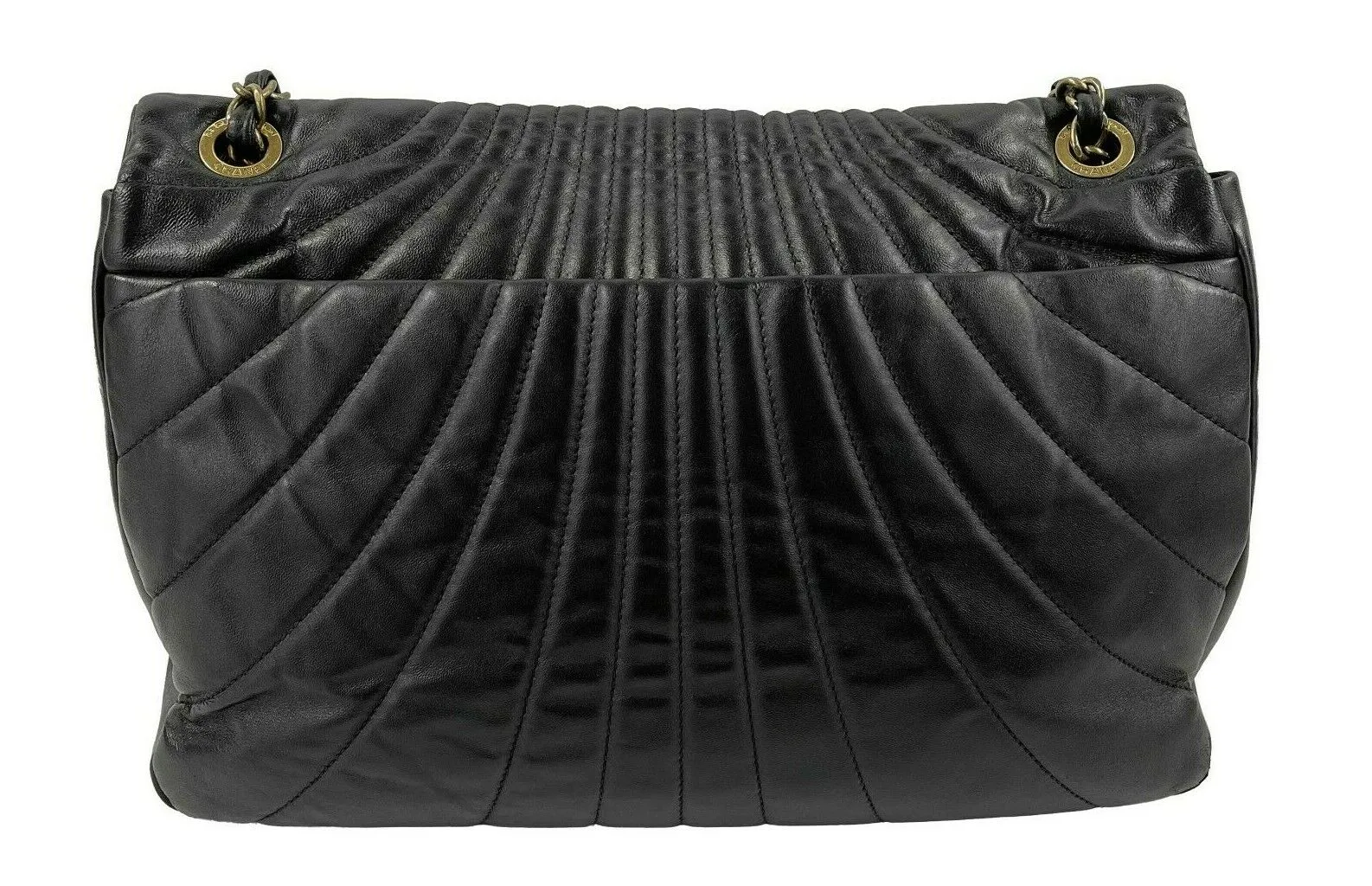 CHANEL Wave Quilted Black Calfskin Leather Maxi Flap Gold-tone Shoulder Bag