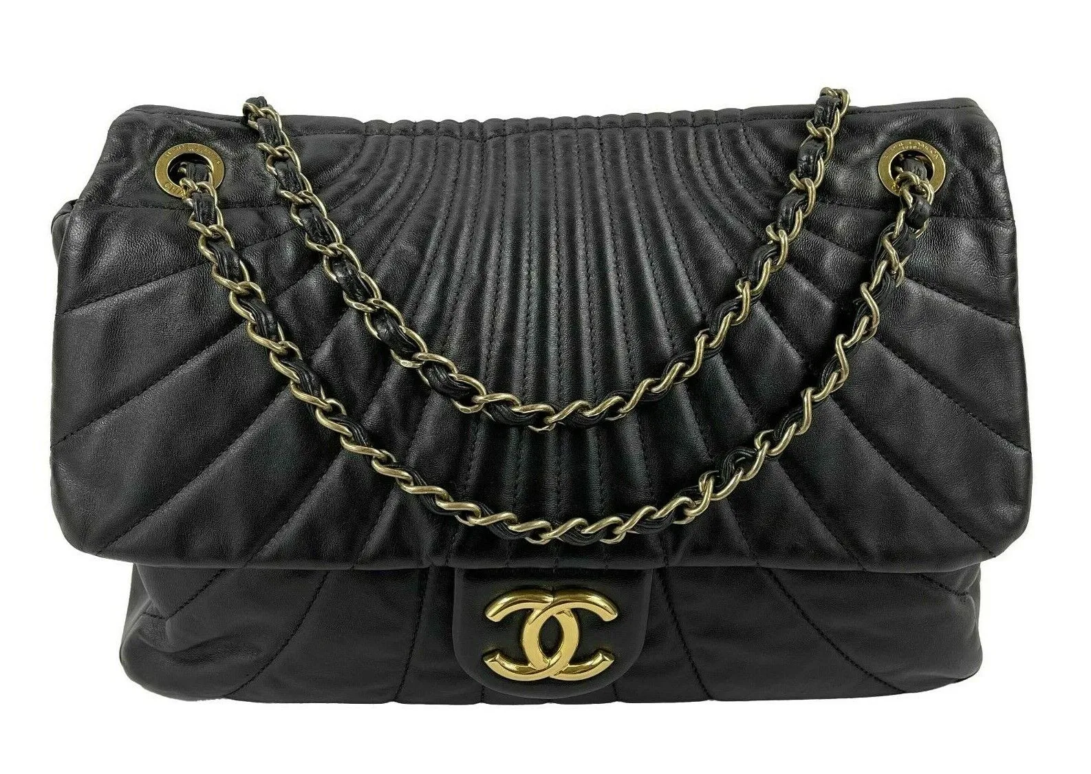 CHANEL Wave Quilted Black Calfskin Leather Maxi Flap Gold-tone Shoulder Bag