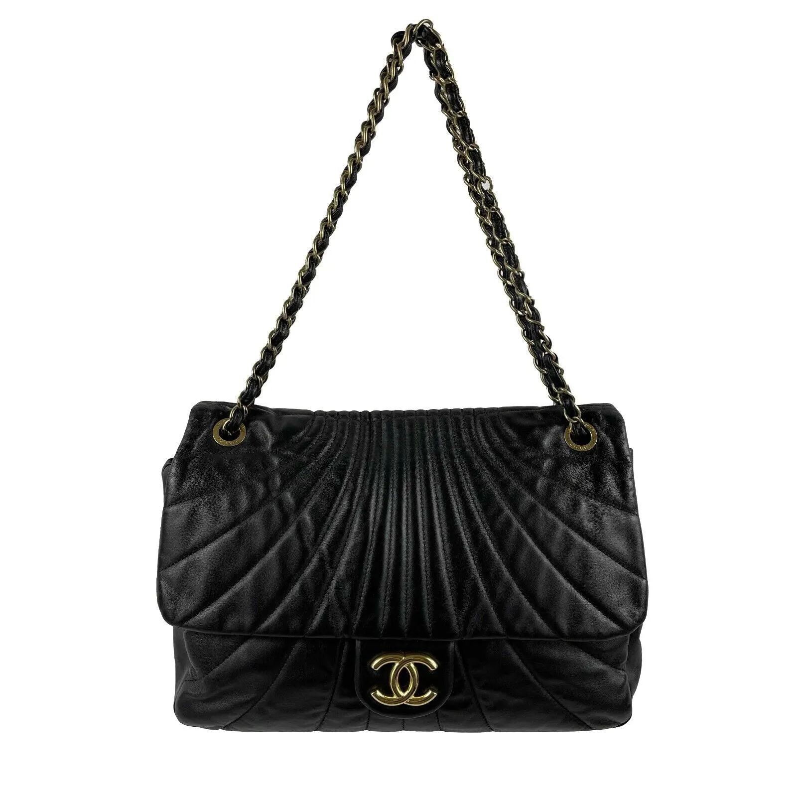 CHANEL Wave Quilted Black Calfskin Leather Maxi Flap Gold-tone Shoulder Bag