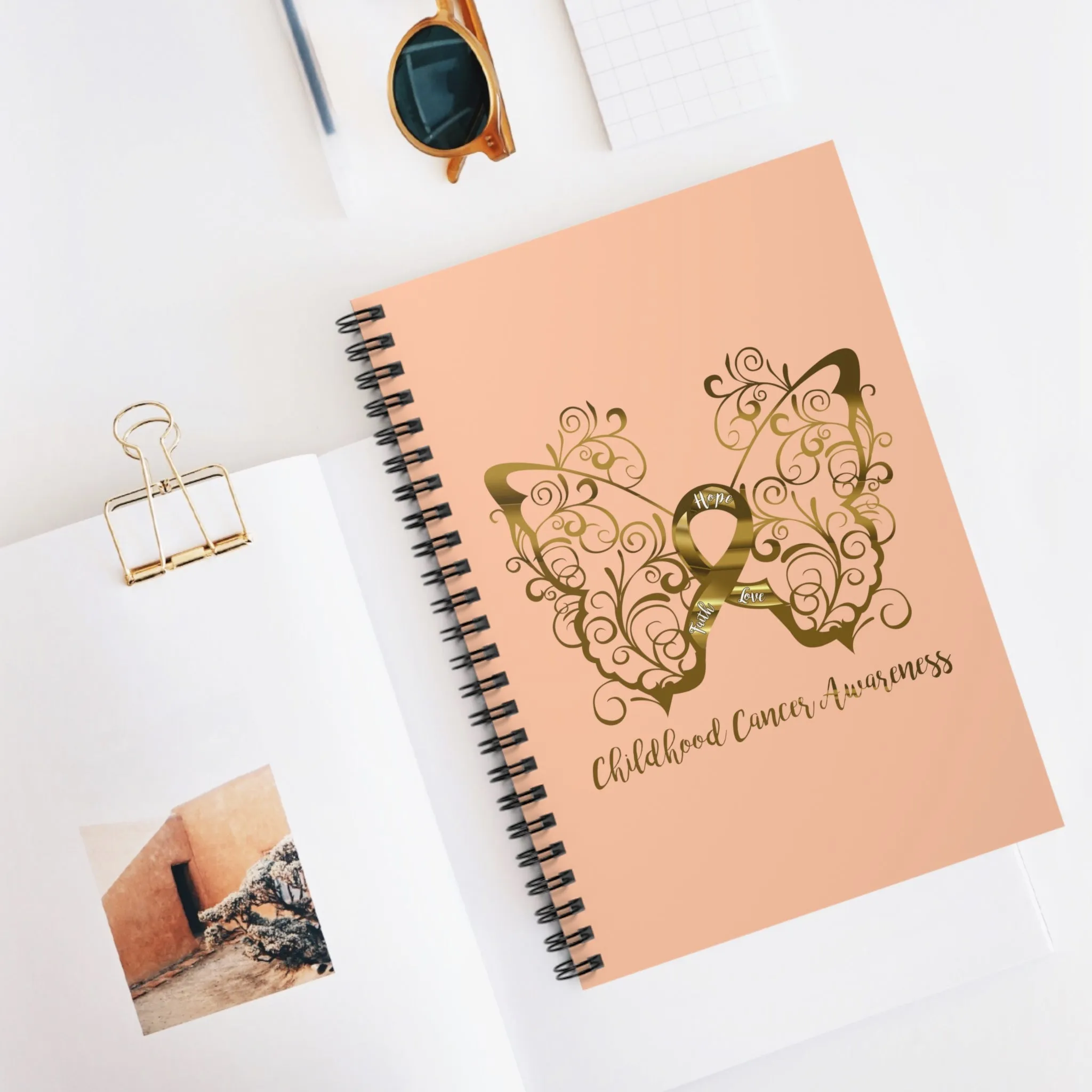 Childhood Cancer Awareness Filigree Butterfly Spiral Journal - Ruled Line (Peach)