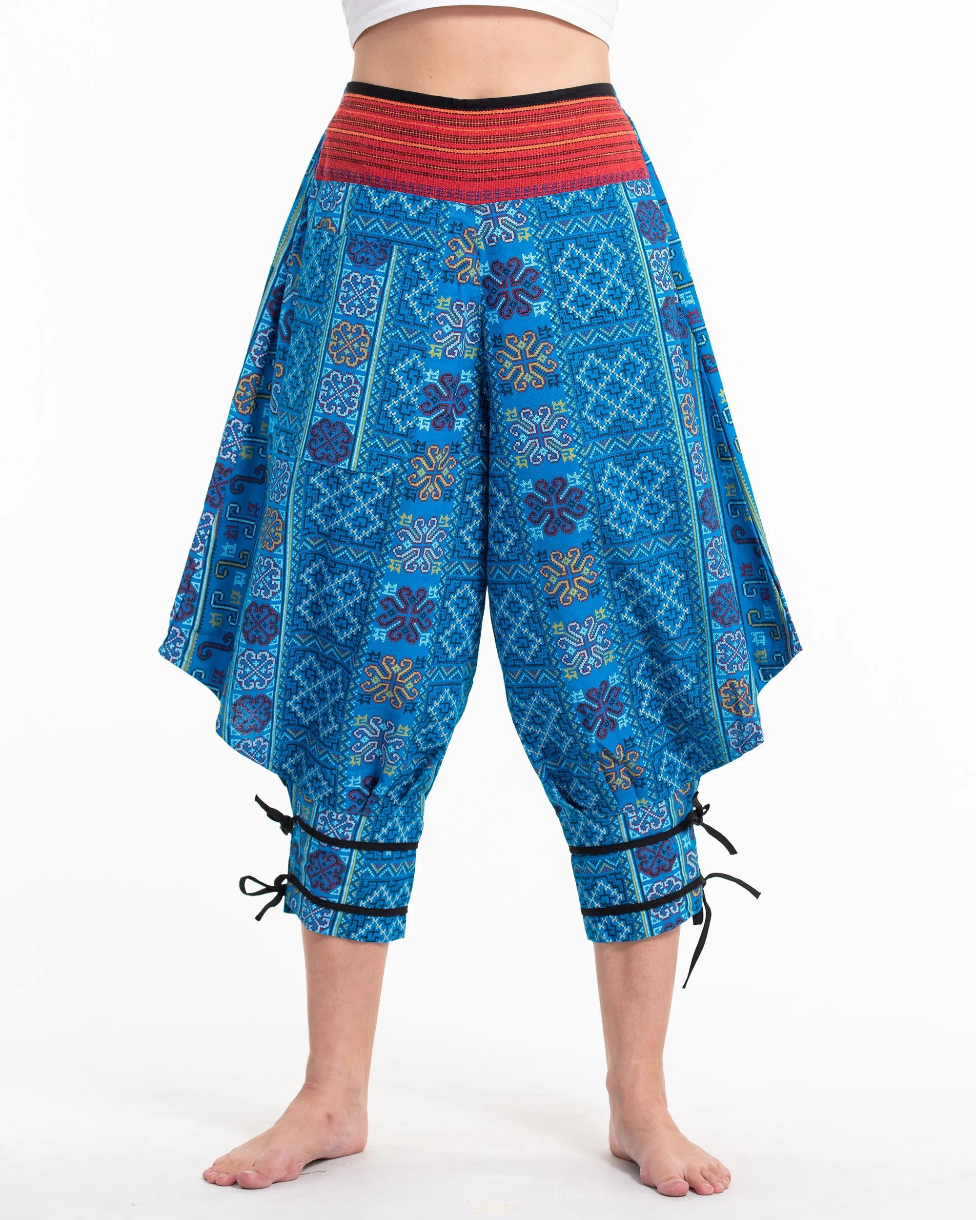 Clovers Thai Hill Tribe Fabric Women's Harem Pants with Ankle Straps in Light Blue