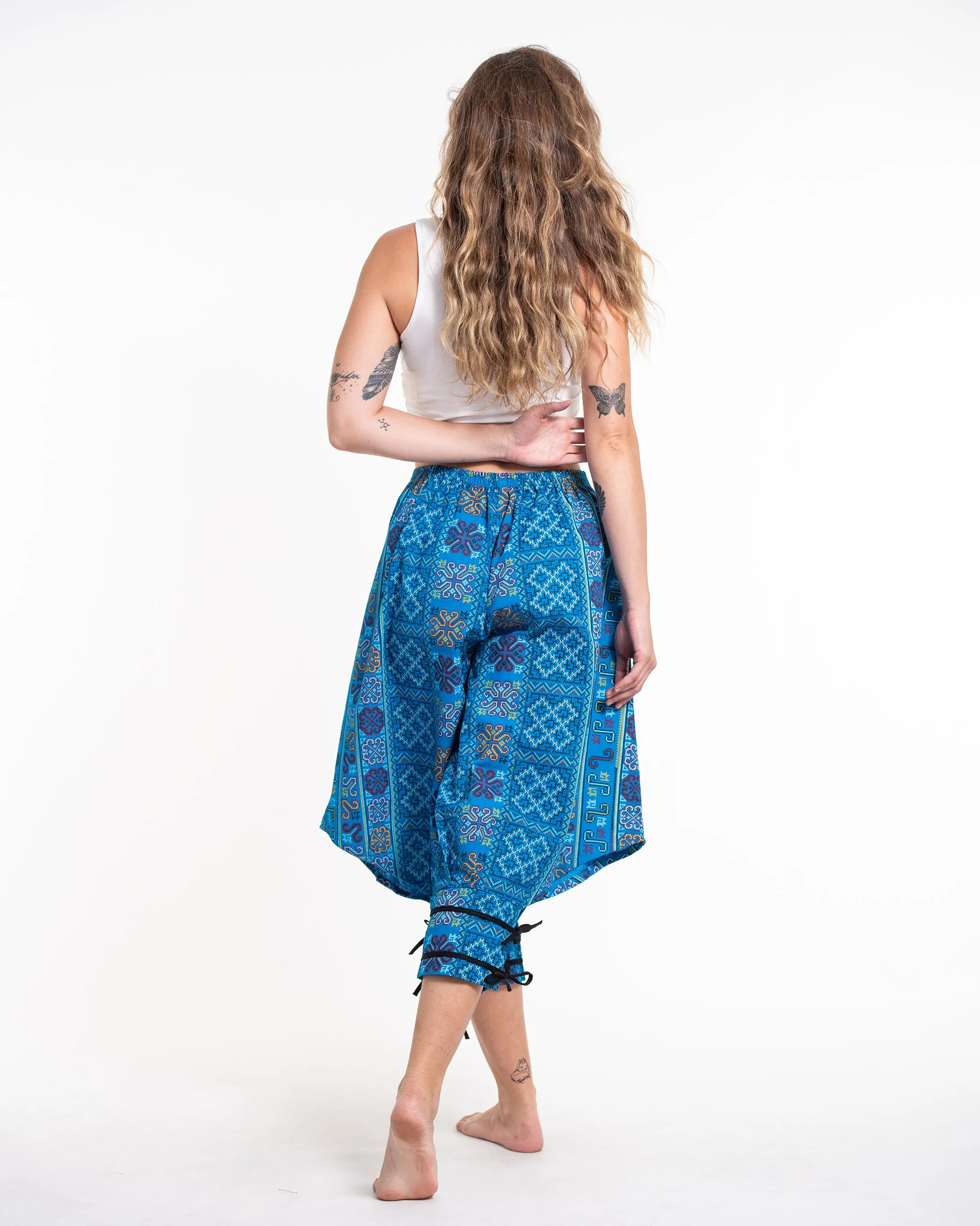 Clovers Thai Hill Tribe Fabric Women's Harem Pants with Ankle Straps in Light Blue