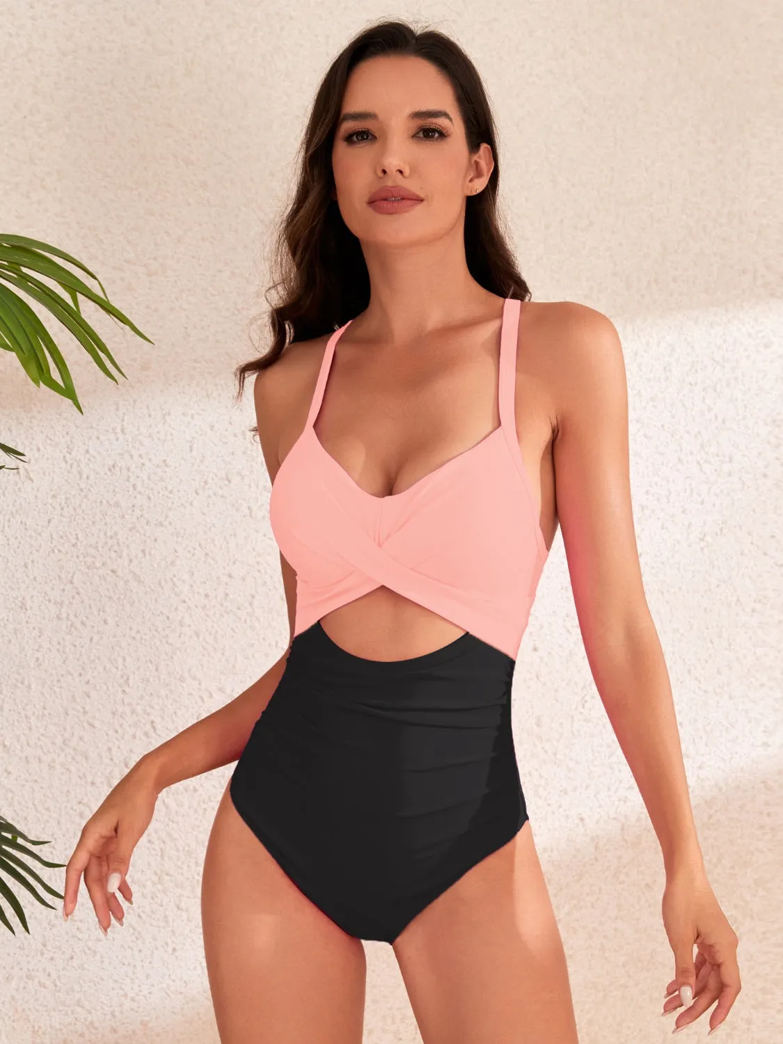 Crisscross Cutout V-Neck One-Piece Swimwear