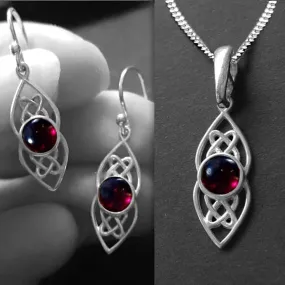 Dainty Silver Real Garnet Jewellery Set With Celtic Detail (garnet necklace & earrings)