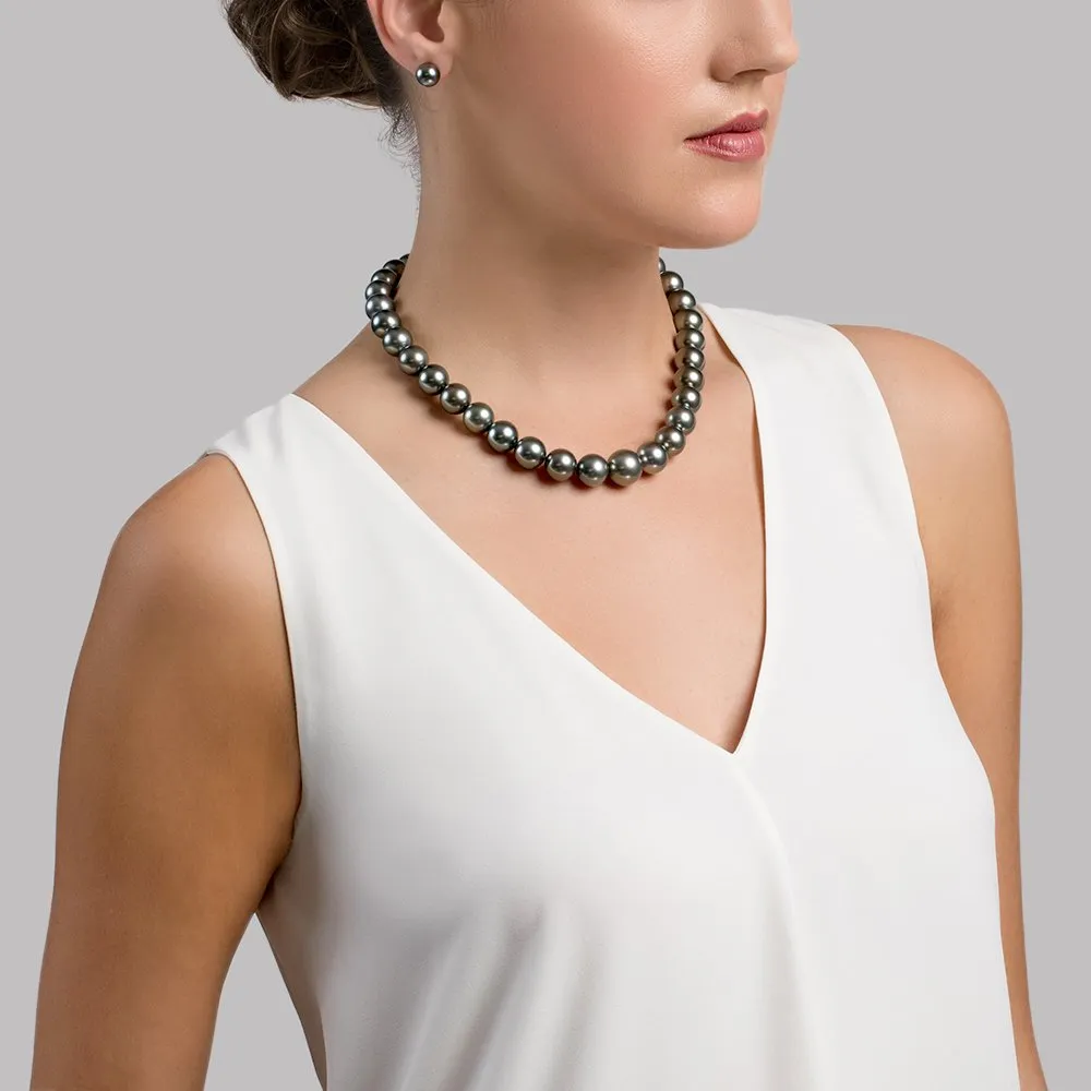 Dark Tahitian True Round Pearl Necklace, 12.0-14.0mm - AAAA Quality