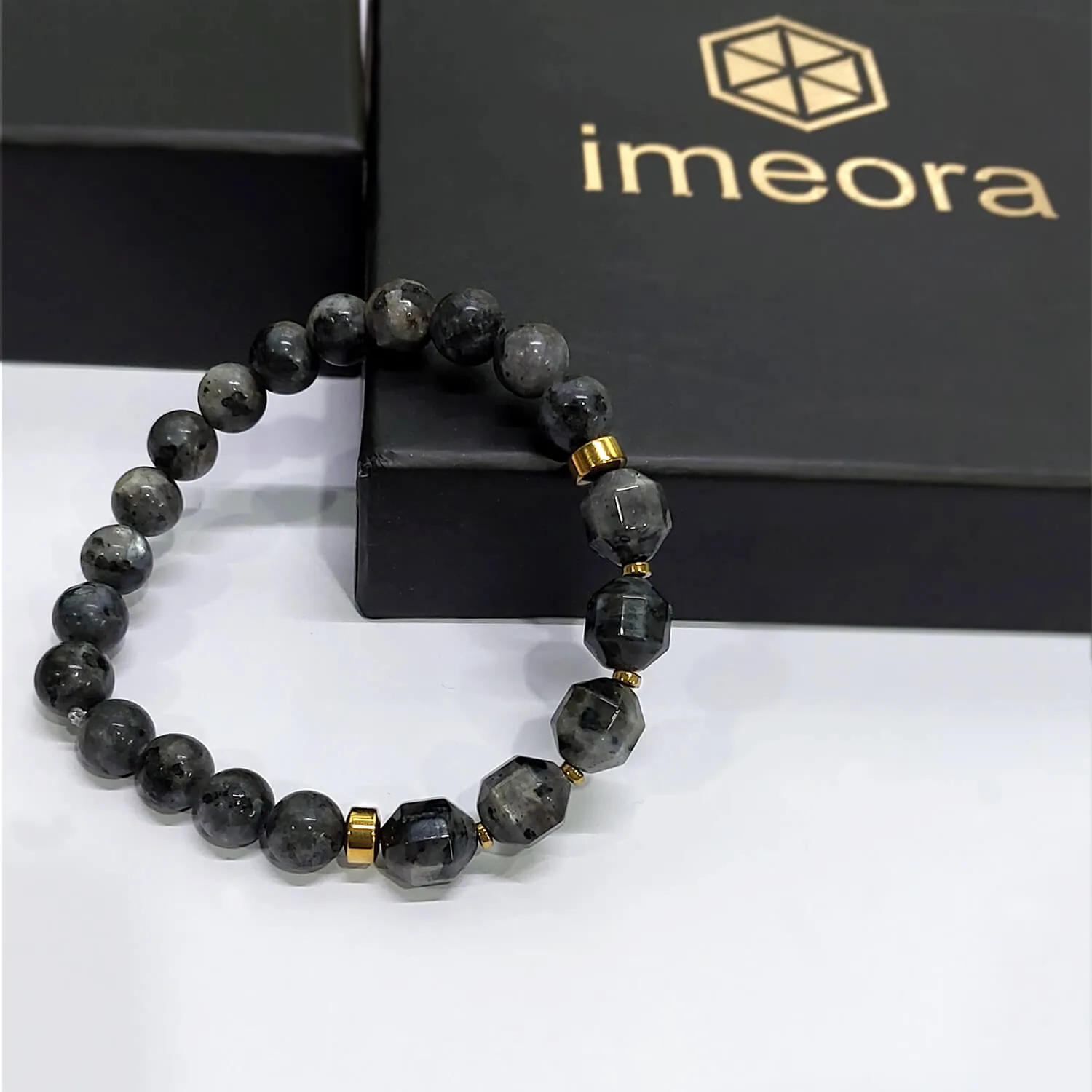 Diamond Cut Larvikite With Golden Hematite Natural Stone Bracelet