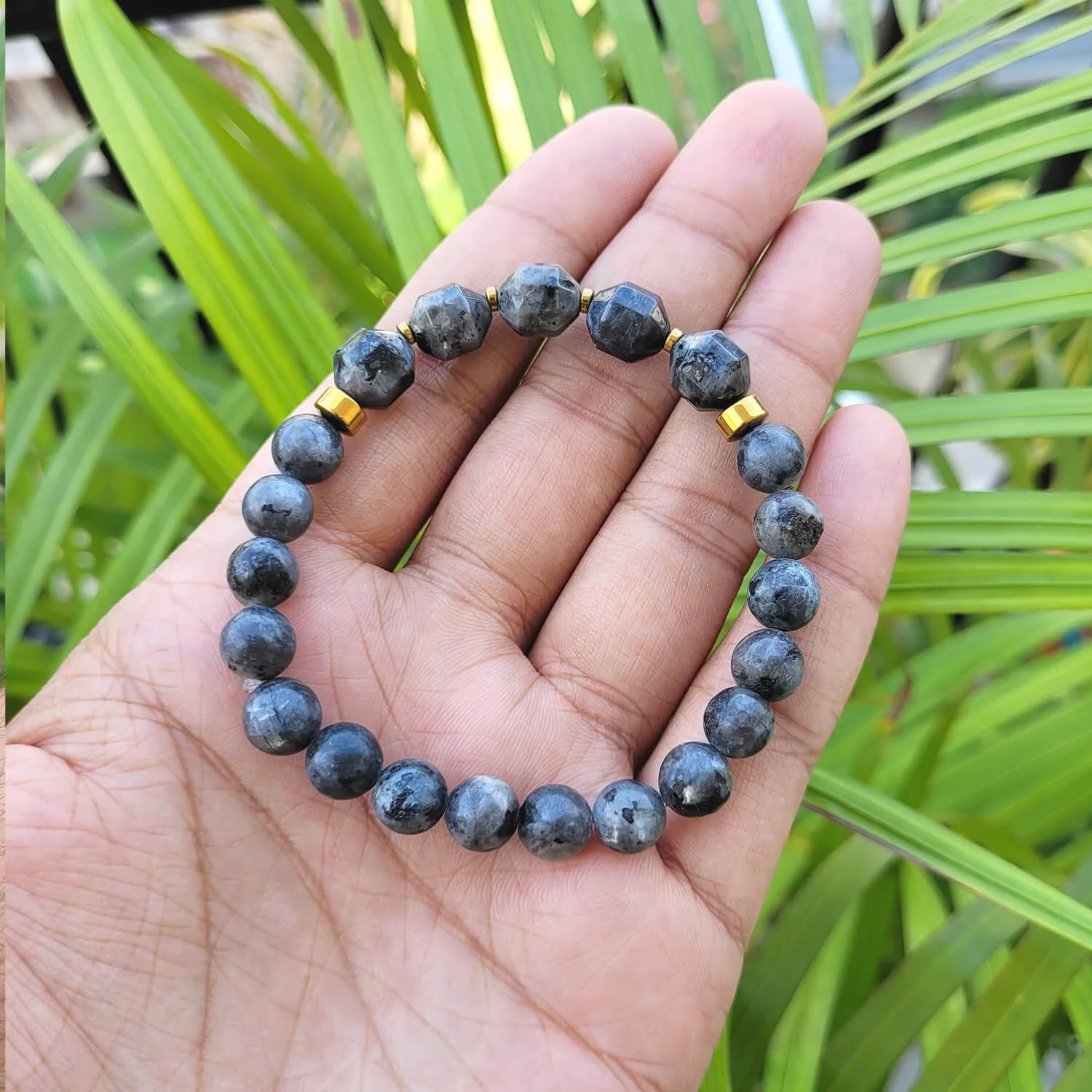 Diamond Cut Larvikite With Golden Hematite Natural Stone Bracelet