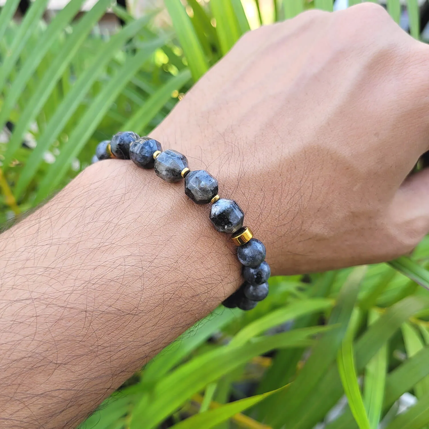 Diamond Cut Larvikite With Golden Hematite Natural Stone Bracelet