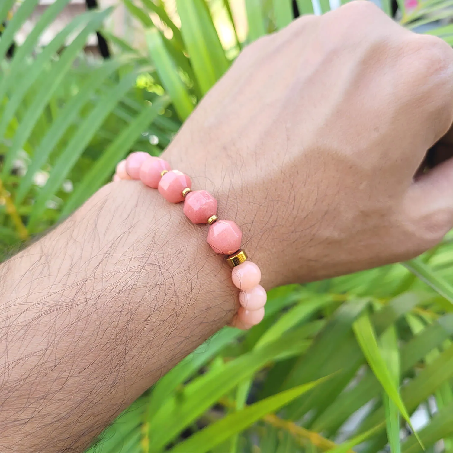 Diamond Cut Peach Moonstone With Golden Hematite Natural Stone Bracelet