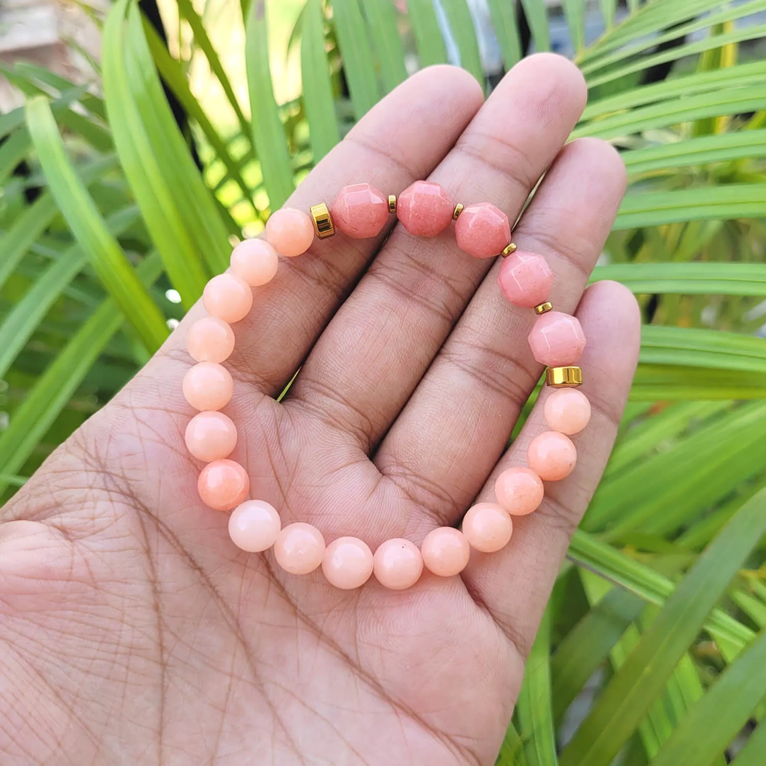 Diamond Cut Peach Moonstone With Golden Hematite Natural Stone Bracelet