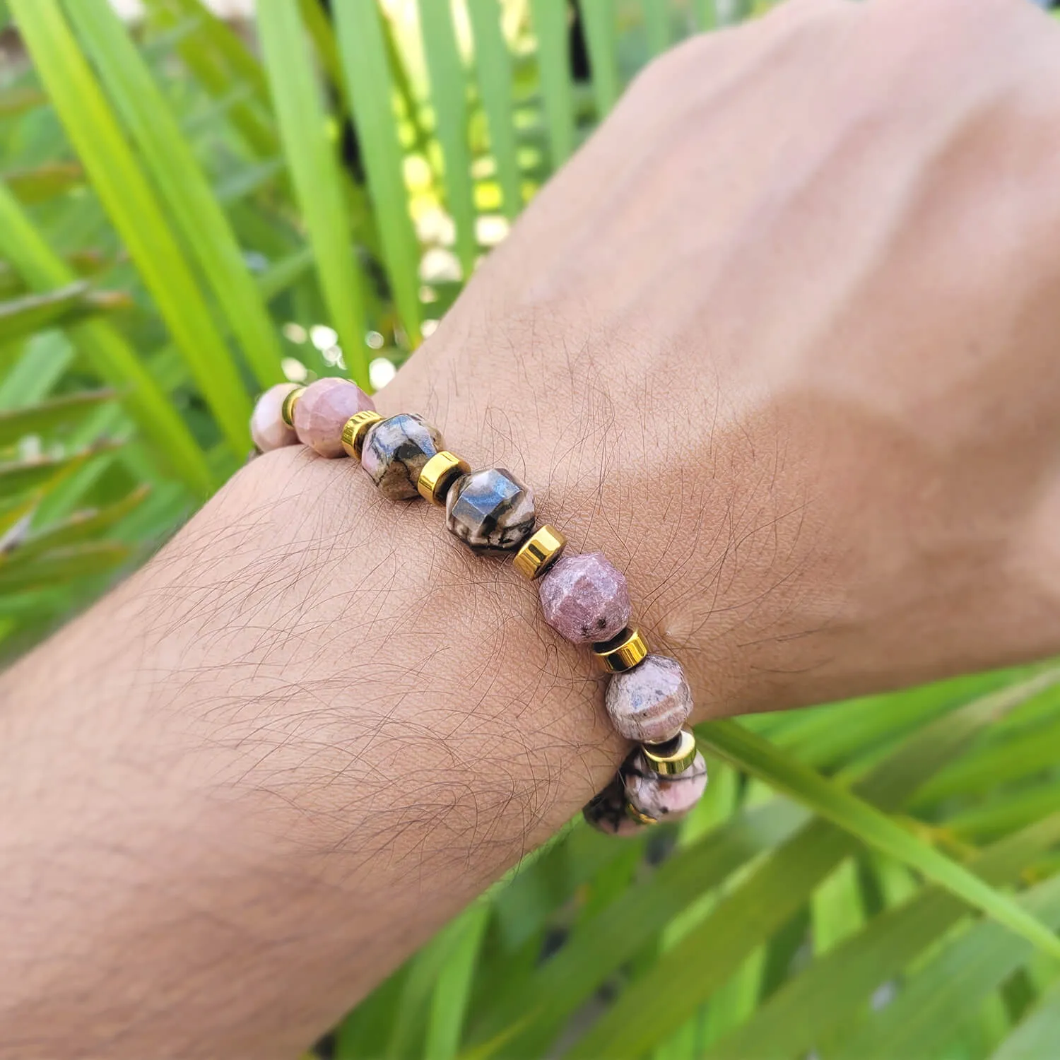 Diamond Cut Rhodonite With Golden Hematite Natural Stone Bracelet