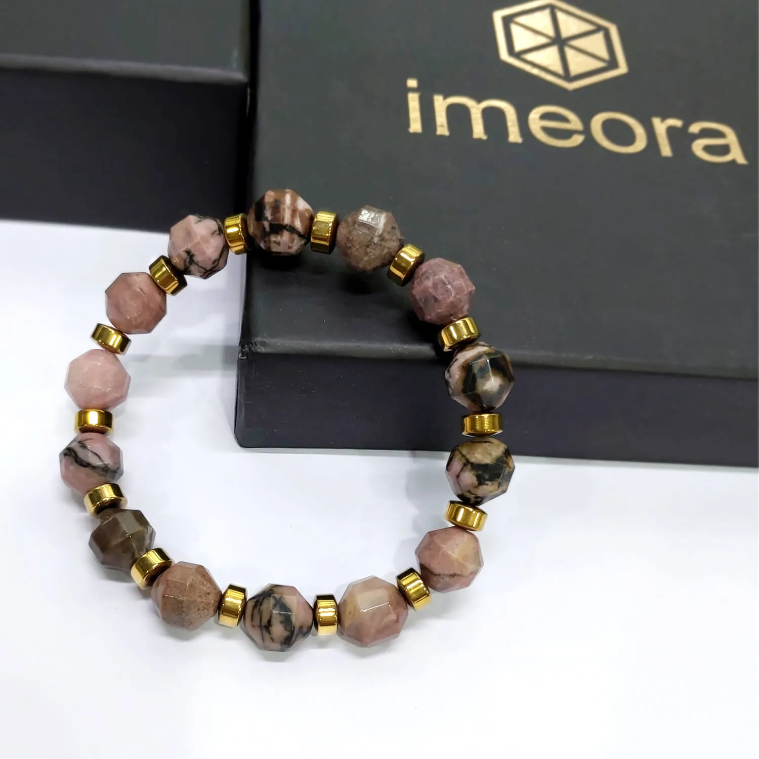 Diamond Cut Rhodonite With Golden Hematite Natural Stone Bracelet