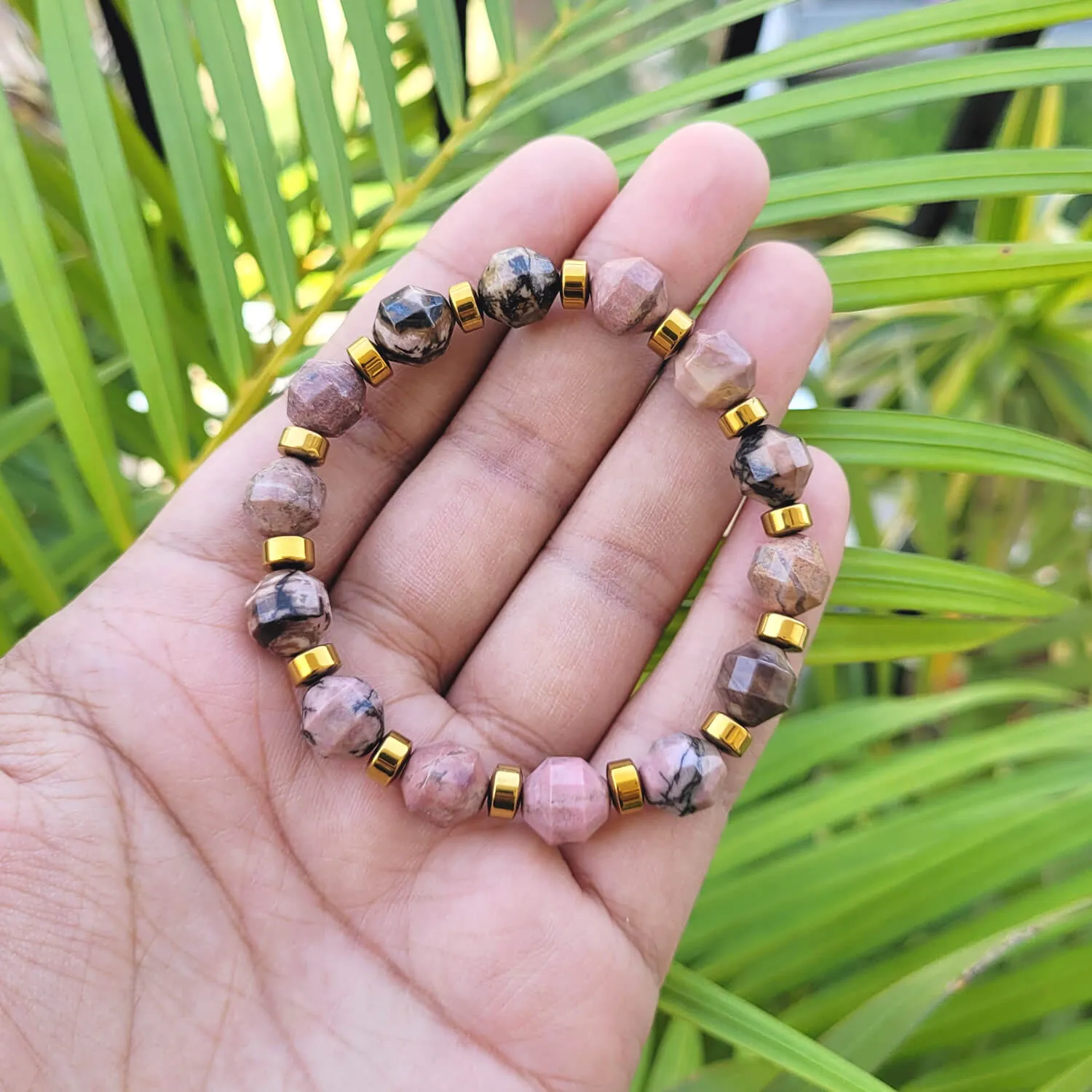 Diamond Cut Rhodonite With Golden Hematite Natural Stone Bracelet