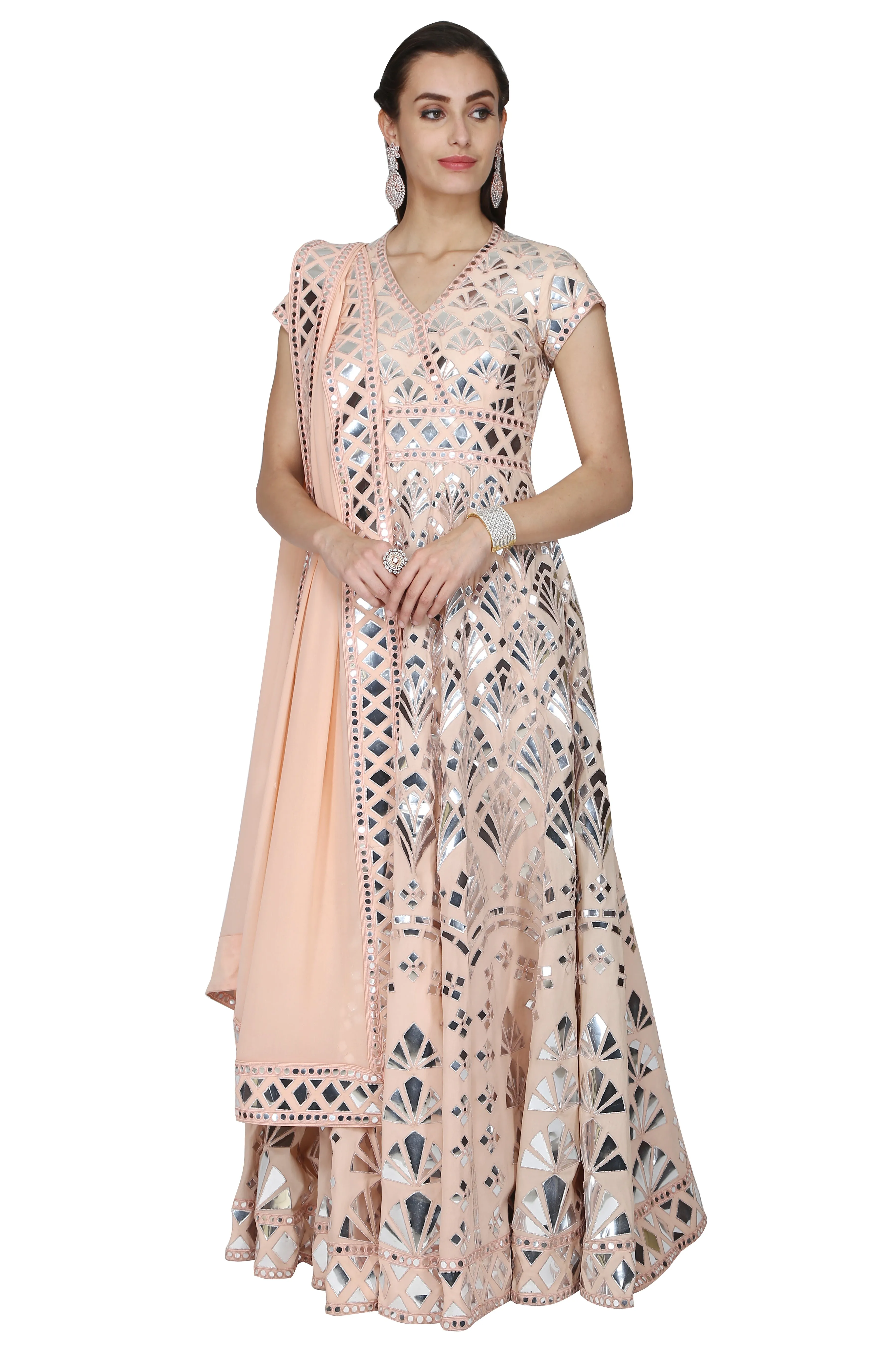 Faux mirror peach anarkali.