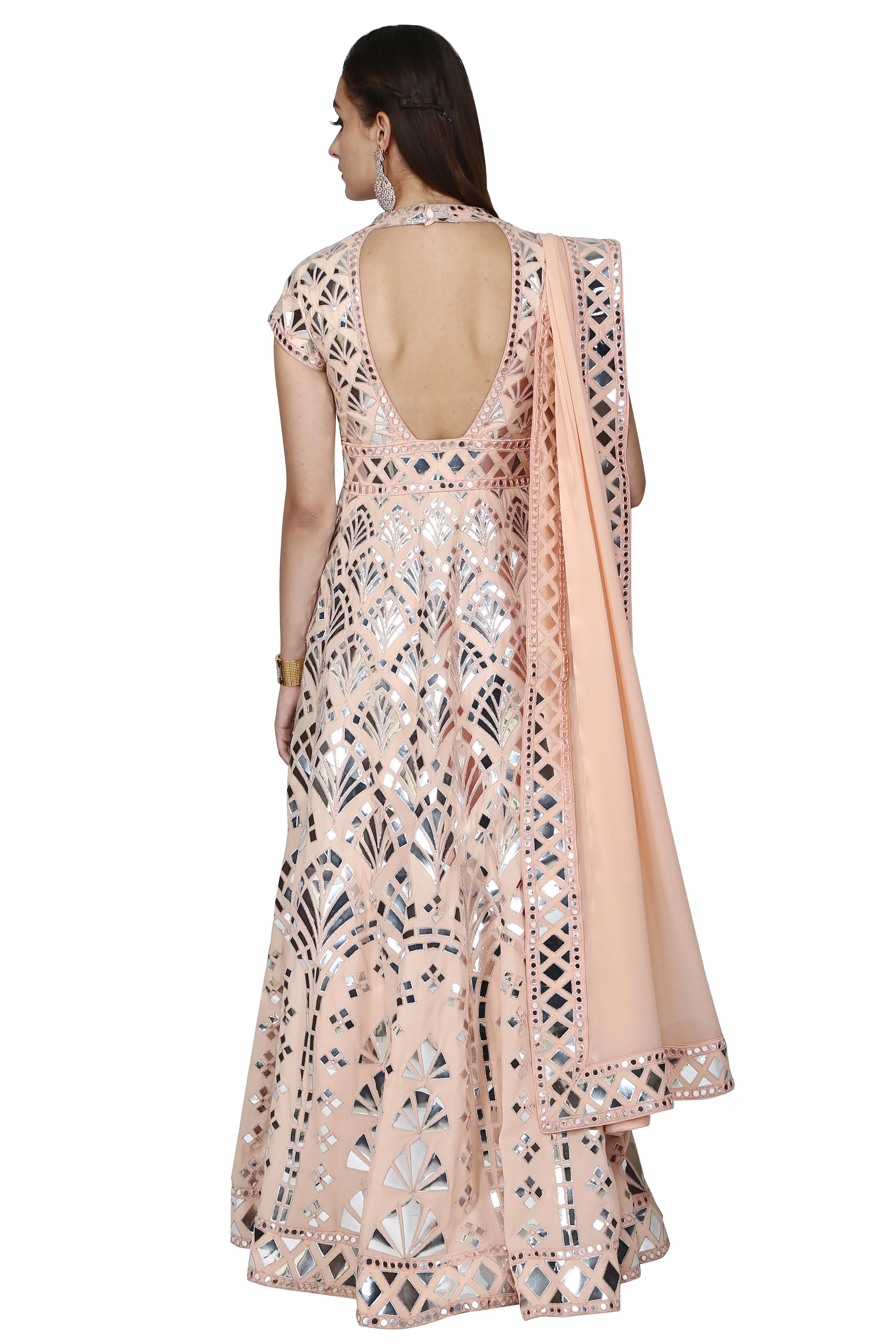 Faux mirror peach anarkali.