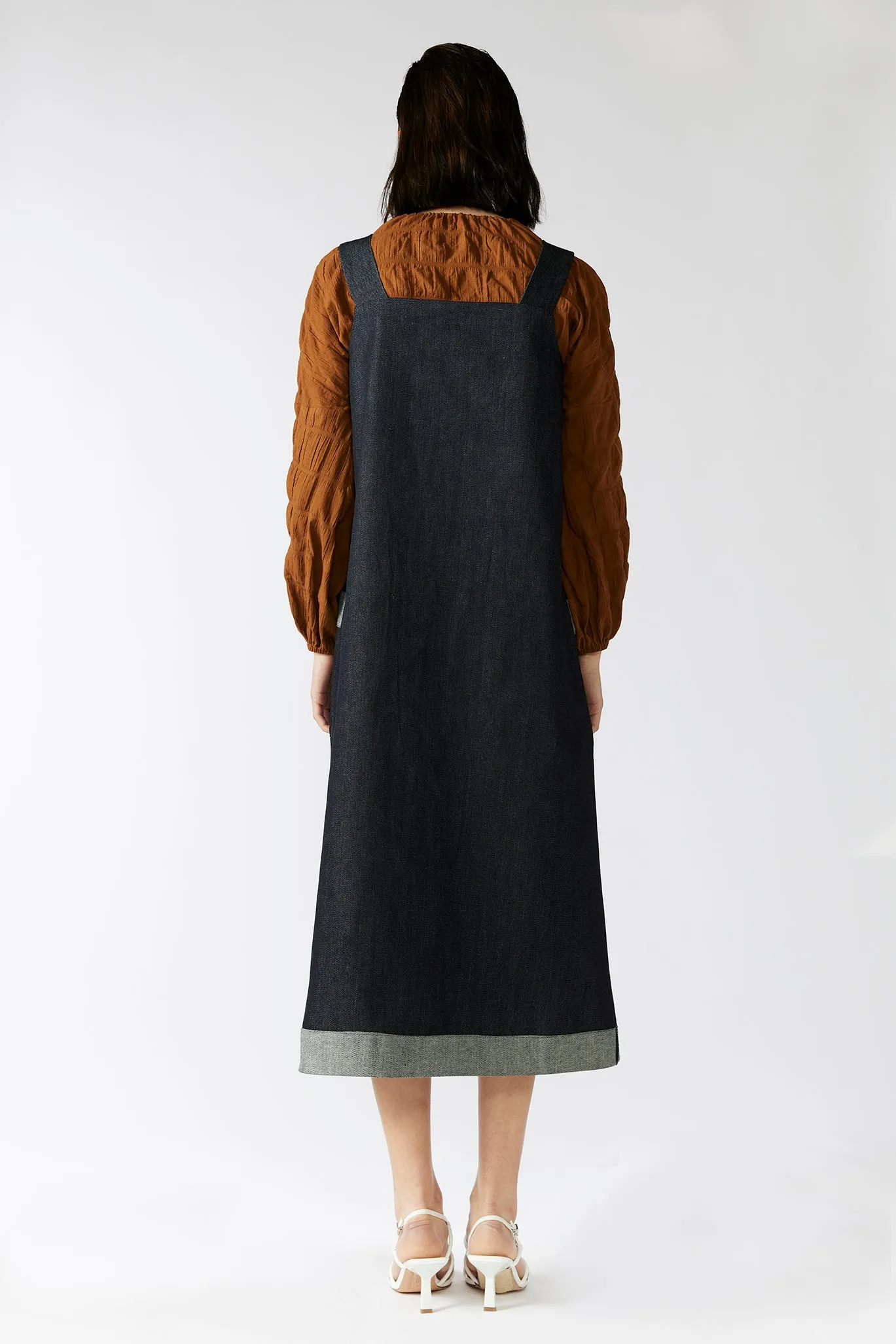 GARDENER'S PINAFORE DRESS [ Navy Denim, Silver Eyelets ]