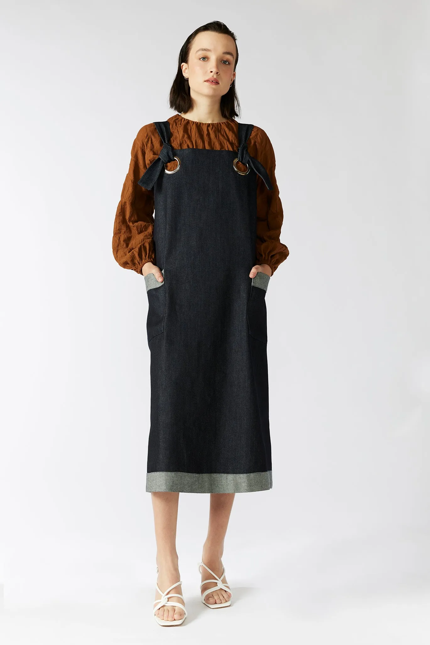 GARDENER'S PINAFORE DRESS [ Navy Denim, Silver Eyelets ]