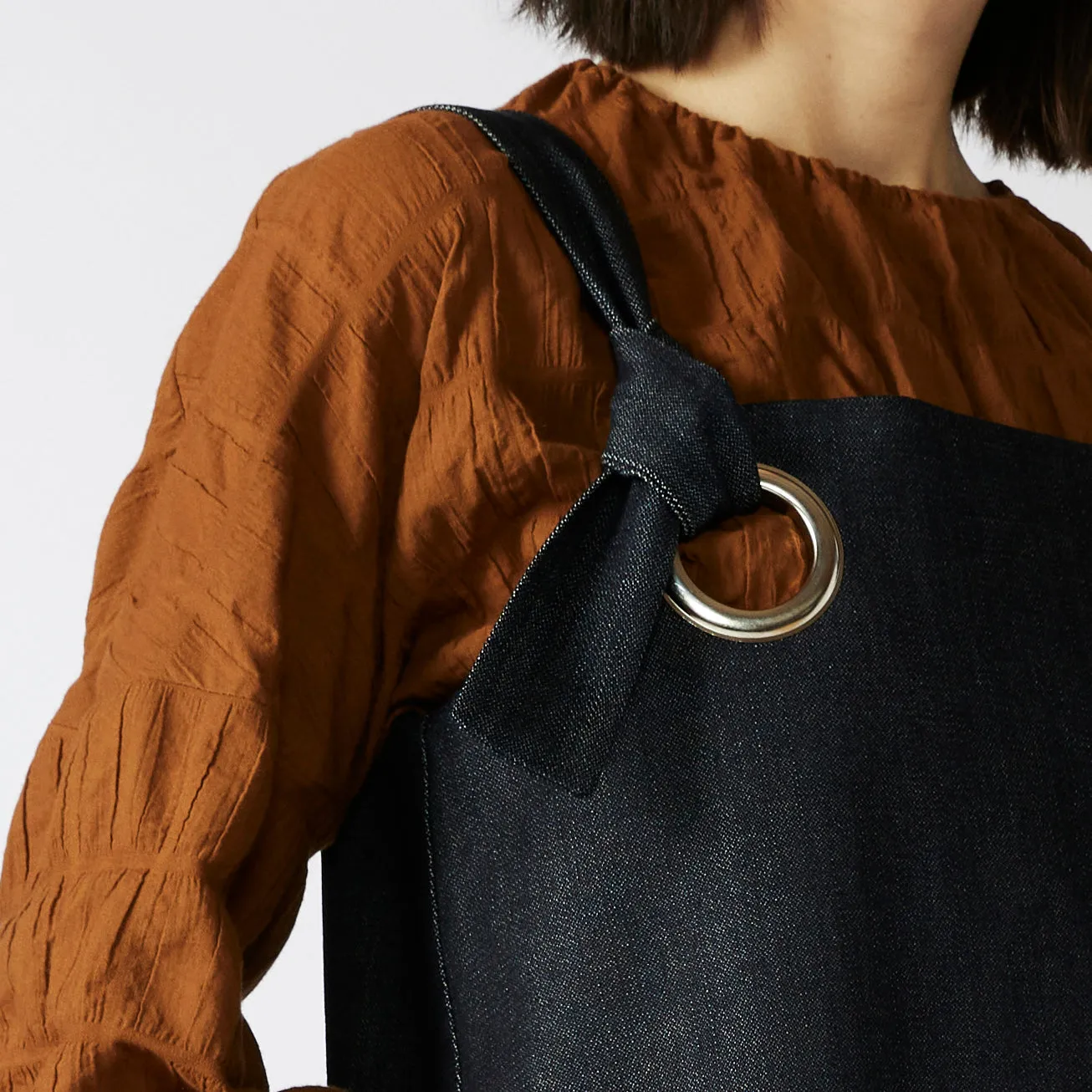 GARDENER'S PINAFORE DRESS [ Navy Denim, Silver Eyelets ]