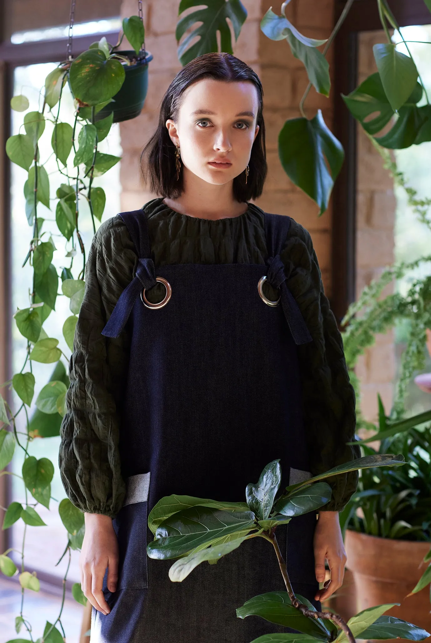 GARDENER'S PINAFORE DRESS [ Navy Denim, Silver Eyelets ]