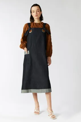 GARDENER'S PINAFORE DRESS [ Navy Denim, Silver Eyelets ]