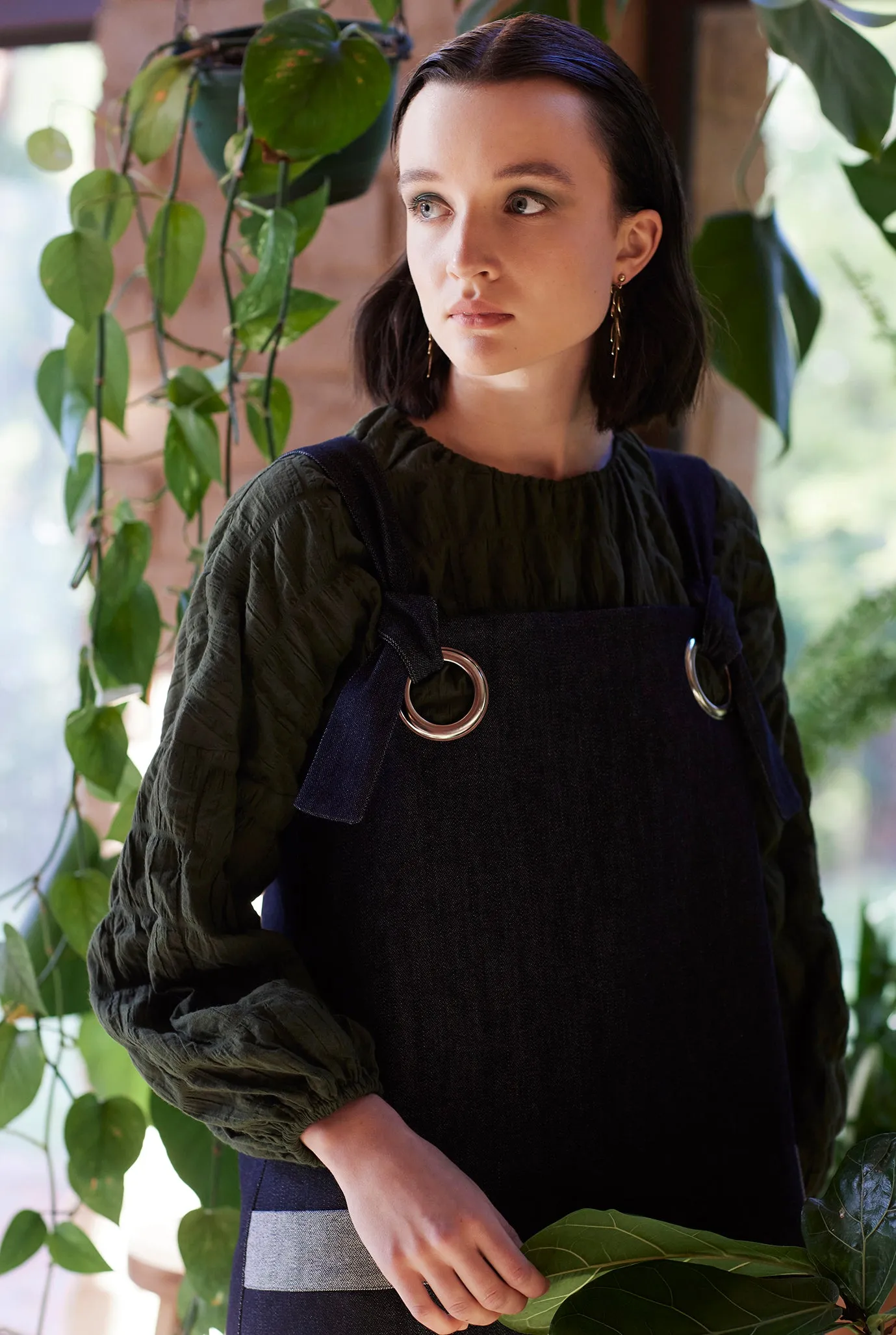 GARDENER'S PINAFORE DRESS [ Navy Denim, Silver Eyelets ]