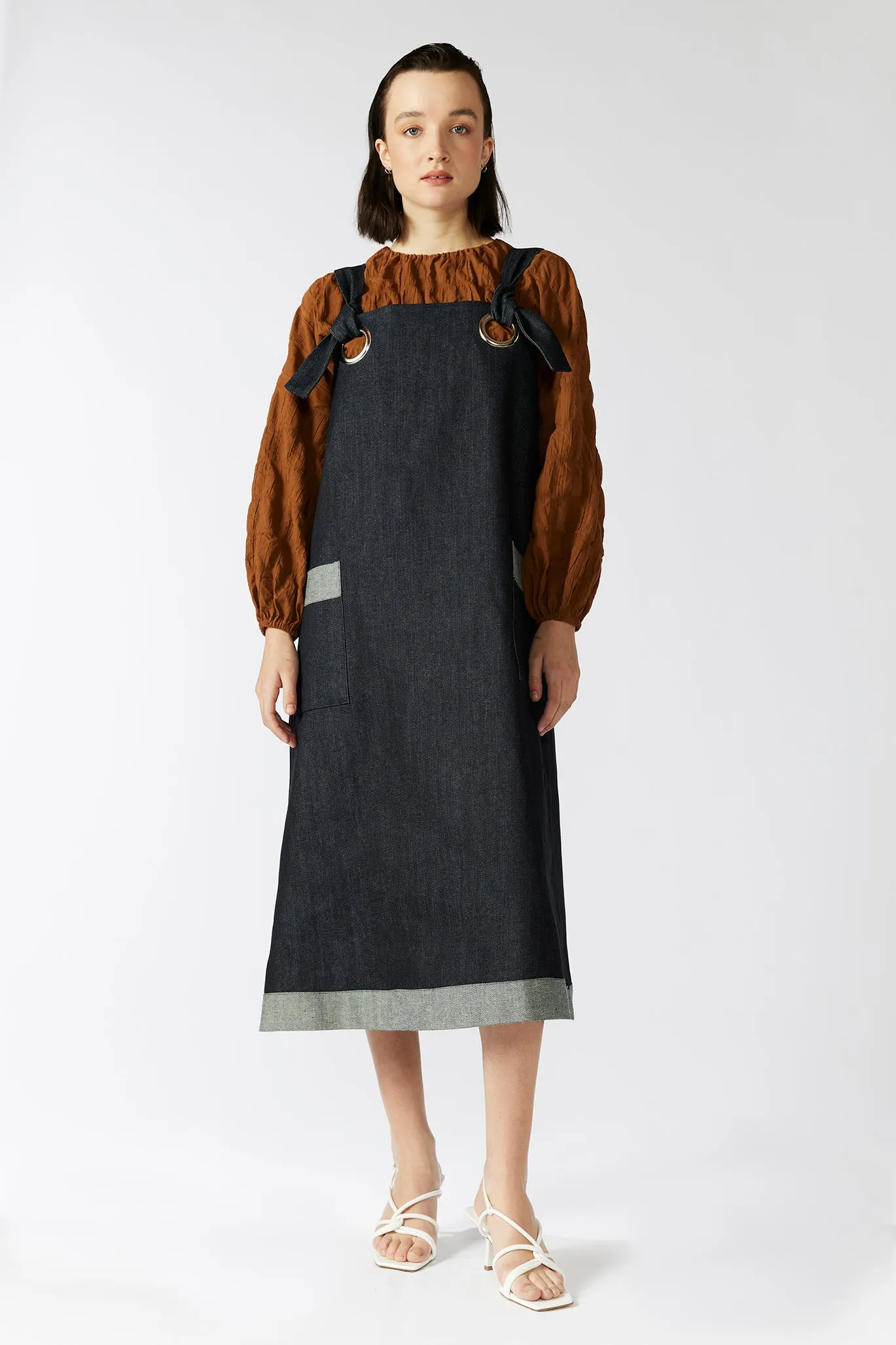 GARDENER'S PINAFORE DRESS [ Navy Denim, Silver Eyelets ]