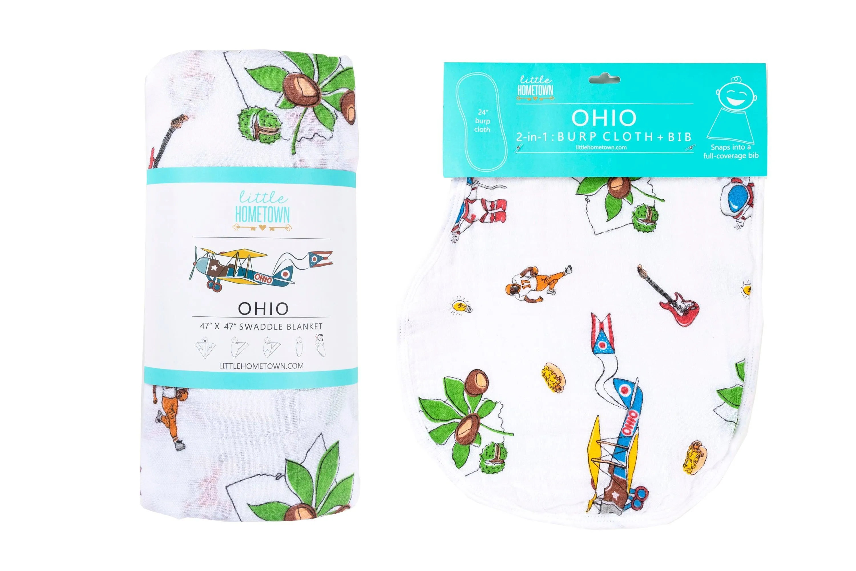 Gift Set: Ohio Baby Muslin Swaddle Receiving Blanket and Burp Cloth / Bib Combo