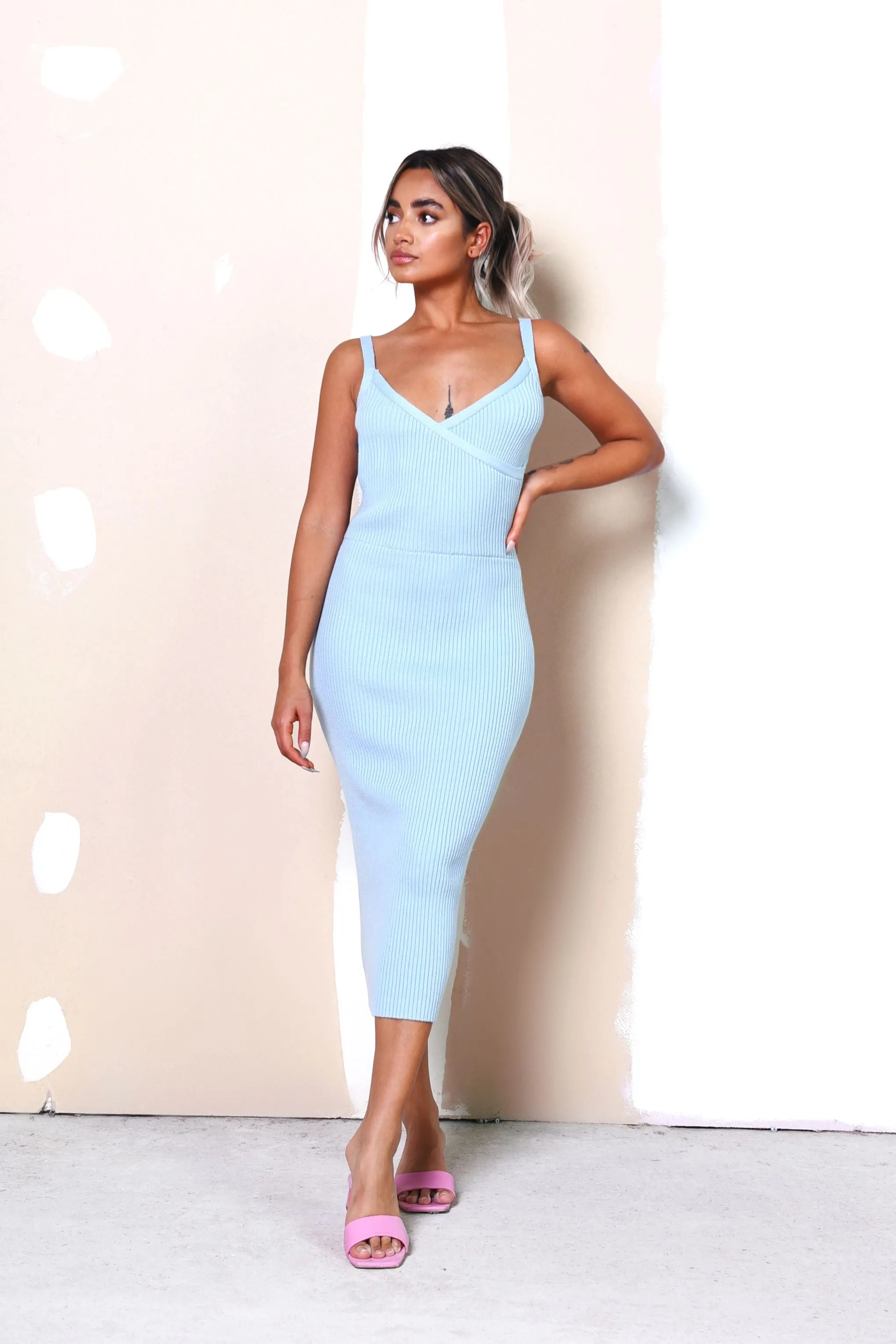 Glamorous Care Light Blue Ribbed Midi Dress