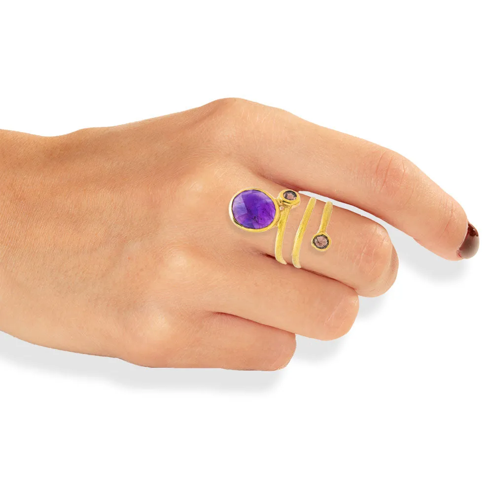 Handmade Gold Plated Silver Ring with Amethyst & Rhodolite Gemstones