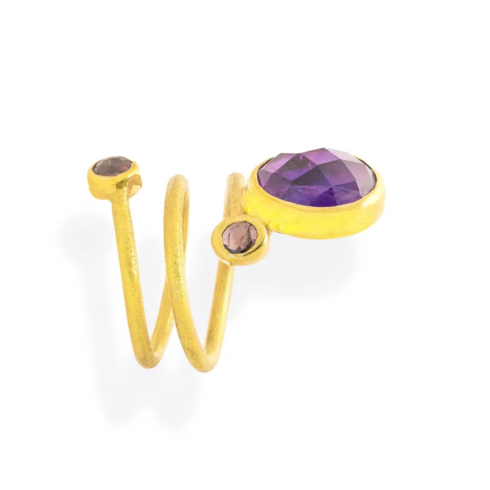 Handmade Gold Plated Silver Ring with Amethyst & Rhodolite Gemstones