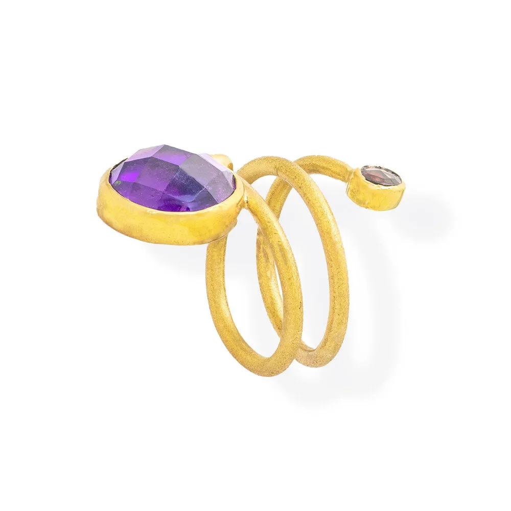 Handmade Gold Plated Silver Ring with Amethyst & Rhodolite Gemstones