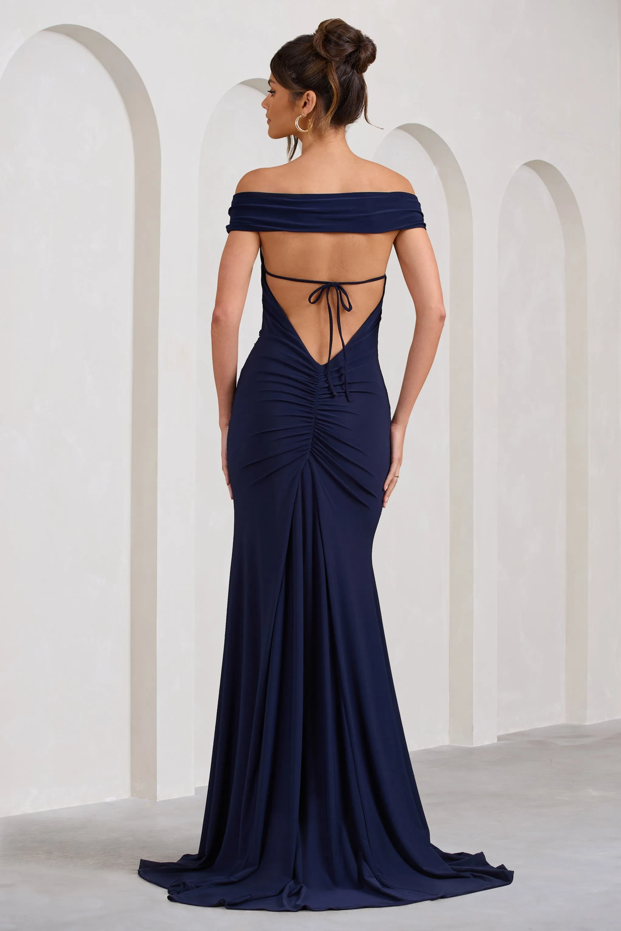 Harmony | Navy Ruched Bardot Split Fishtail Maxi Dress