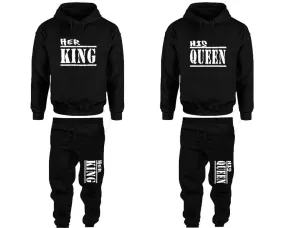 Her King His Queen Couple Pullover Hoodie and Jogger Pants, Matching Top Bottom Sets