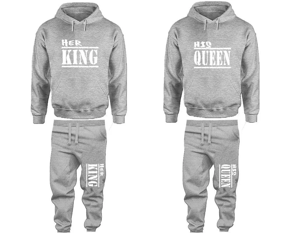 Her King His Queen Couple Pullover Hoodie and Jogger Pants, Matching Top Bottom Sets