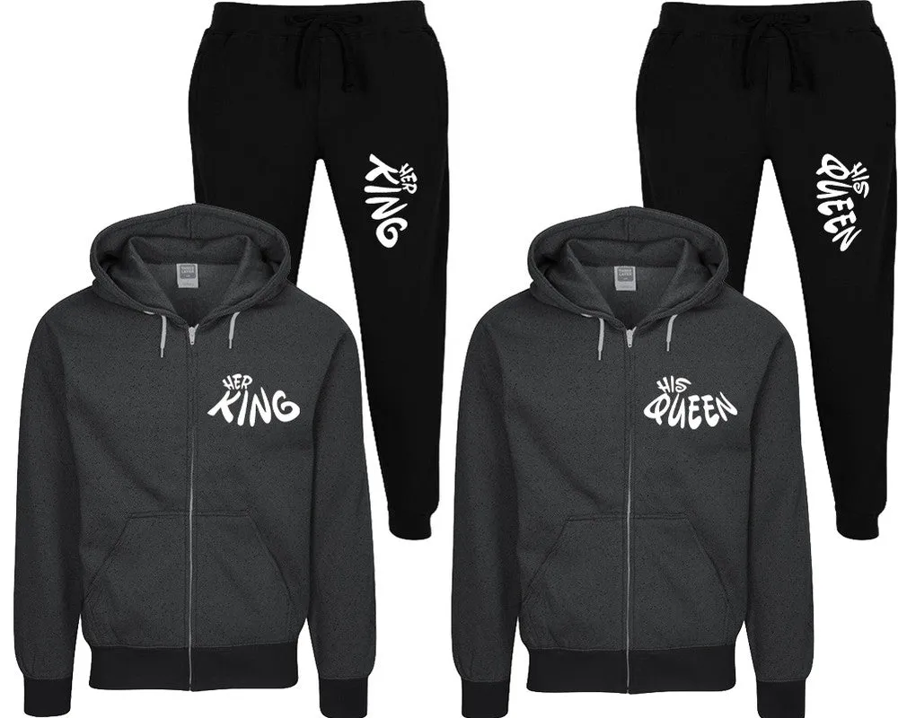 Her King His Queen Couple Speckle Zipper Hoodies and Jogger Pants Matching Top&Bottom Sets