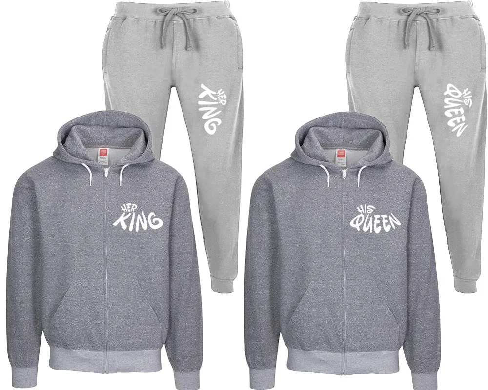 Her King His Queen Couple Speckle Zipper Hoodies and Jogger Pants Matching Top&Bottom Sets