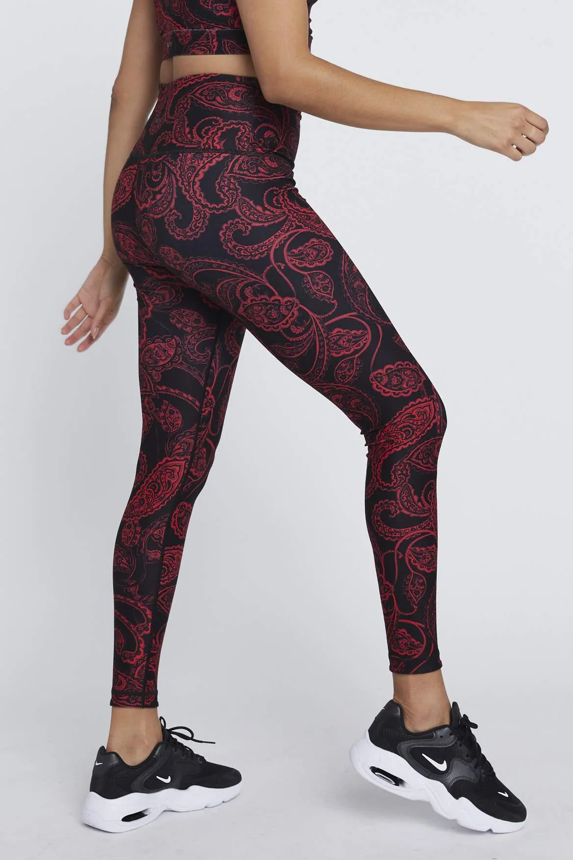 High Waist Reversible Leggings Red Paisley