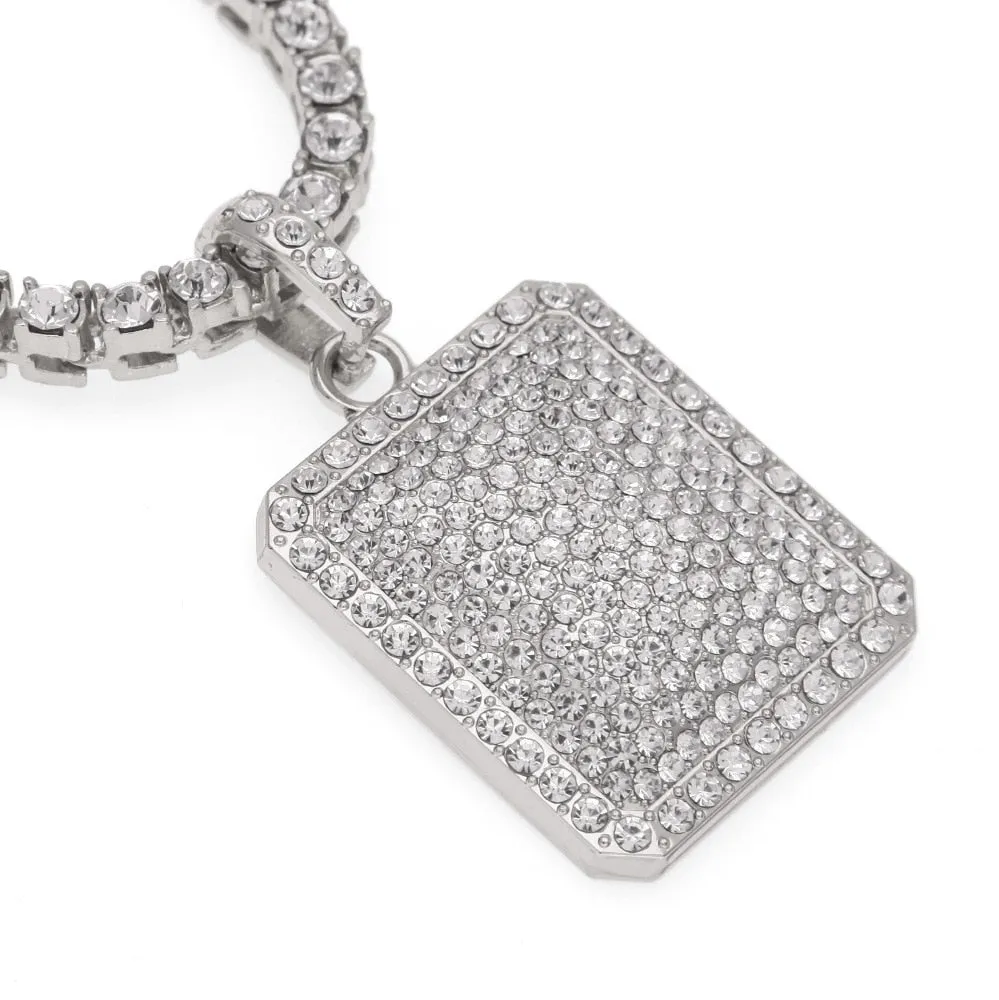 Hip Hop Necklace-Square Dog Army Tag Pendant Tennis Chain