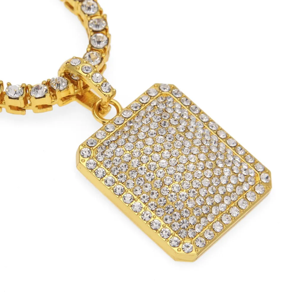 Hip Hop Necklace-Square Dog Army Tag Pendant Tennis Chain