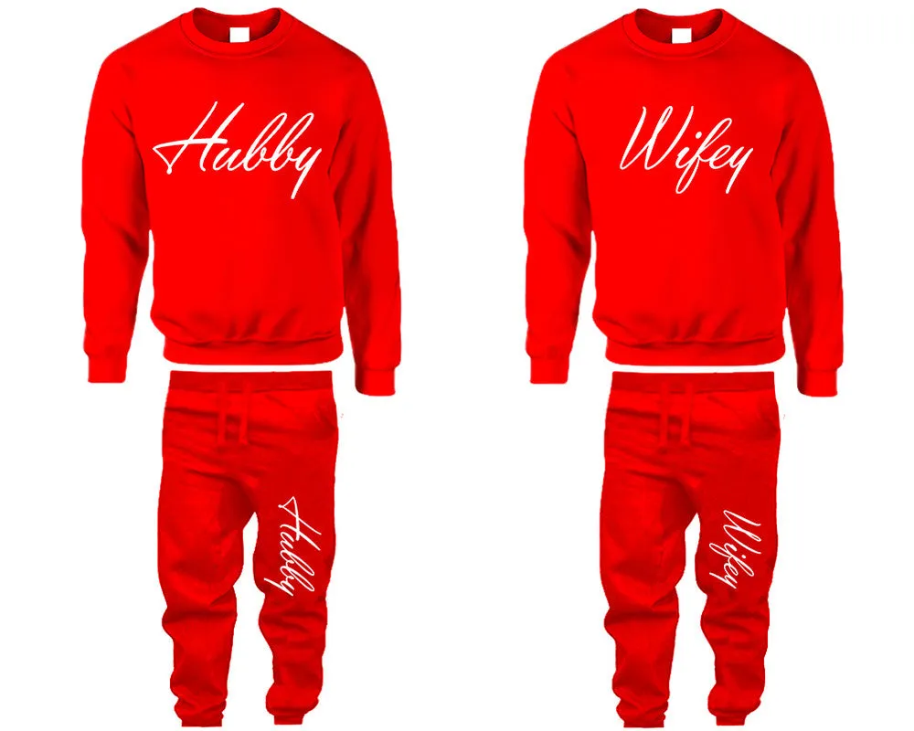 Hubby Wifey Couple Matching Crewneck Sweaters and Jogger Pants Top & Bottom Sets