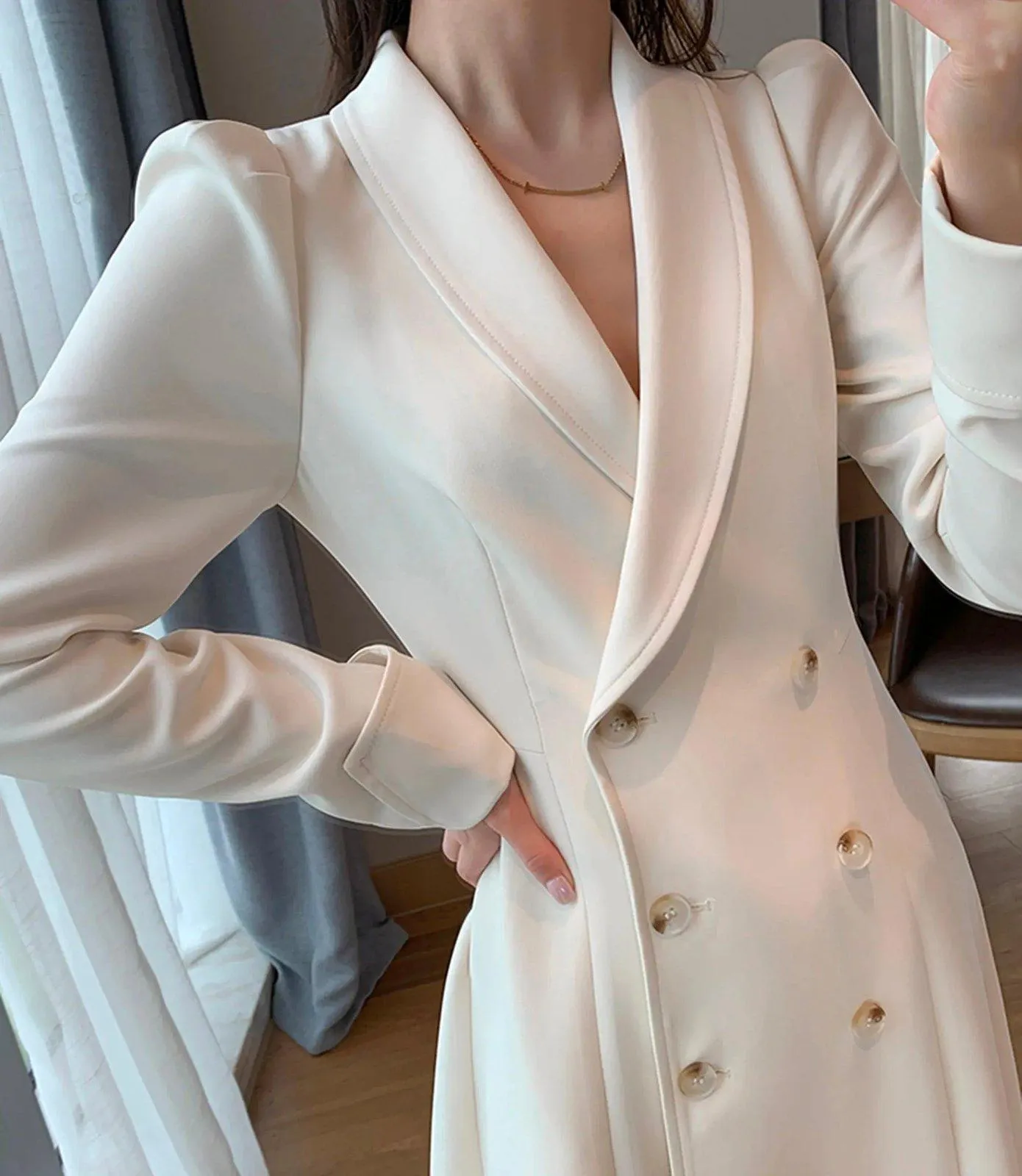 Ivory Double Breasted Blazer Dress Trench Coat