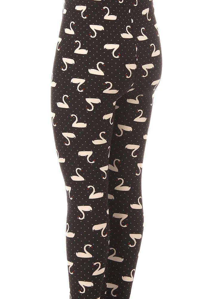 Kid's B&W Swans Birds Pattern Printed Leggings