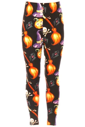 Kid's Halloween Witch Hat and Broom Pumpkin Pattern Printed Leggings