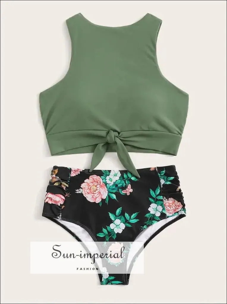 Knot front top with Dot High Waist Bikini Set - Teal Star Print top and bottom