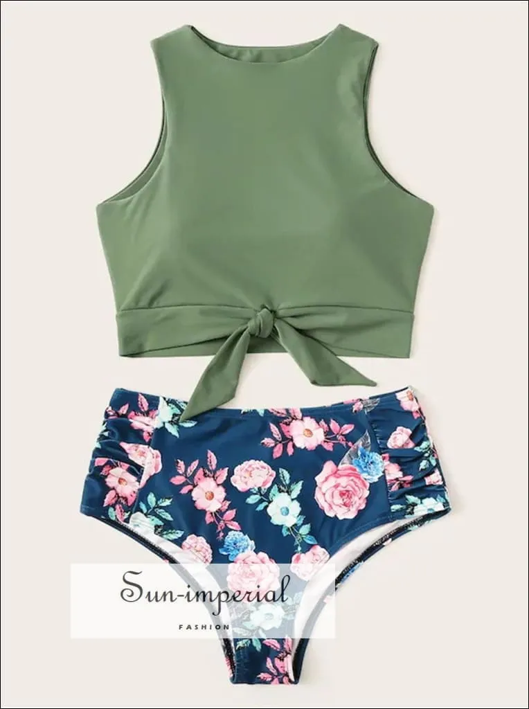 Knot front top with Dot High Waist Bikini Set - Teal Star Print top and bottom