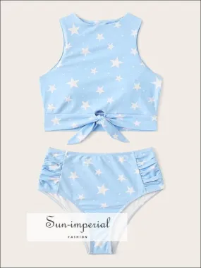 Knot front top with Dot High Waist Bikini Set - Teal Star Print top and bottom